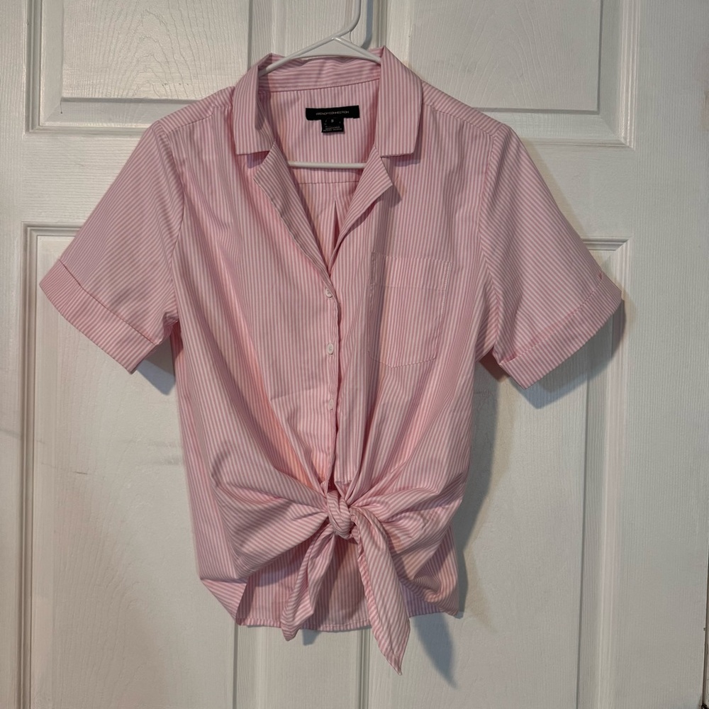 French Connection Pink Striped Button-Up Tie Front Shirt